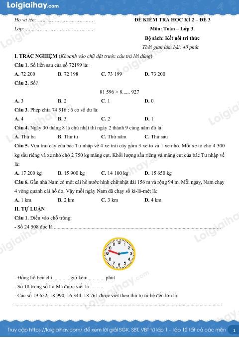 Đề kiểm tra học kì 2 Toán 3 Kết nối tri thức - Đề số 3
